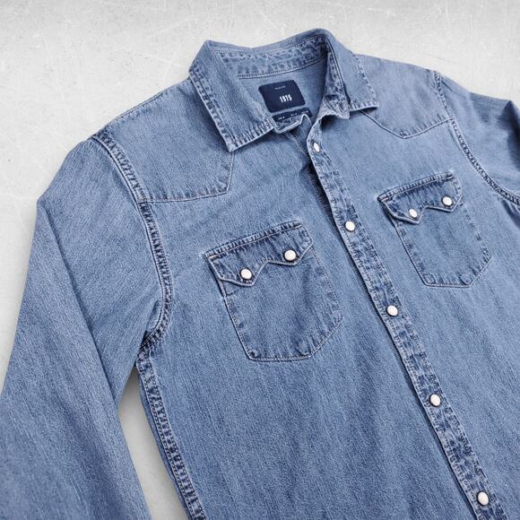 ZARA 1975 Chambray Shirt Men M Blue Pearl Snaps Long Sleeve Western Streetwear - Picture 9 of 13